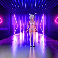 Game Movie Character Bunny Eared In Lingerie Under Purple Pink Neon Lights On Shiny Floor