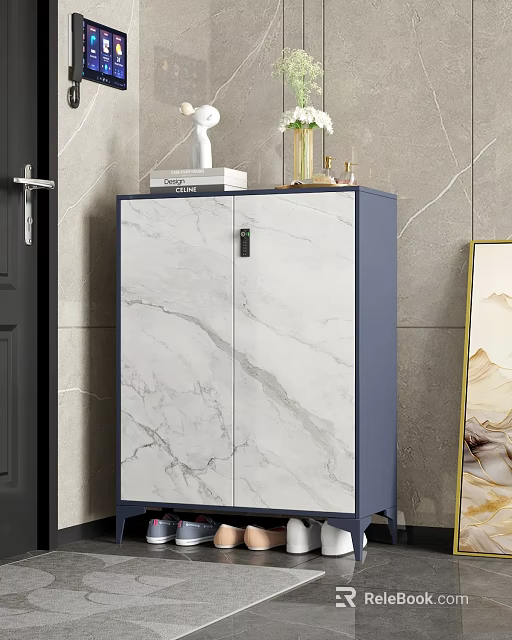 Modern Entryway Console Side Cabinet With White Marble Pattern Blue Frame Decorative Vase And Books 3d model 