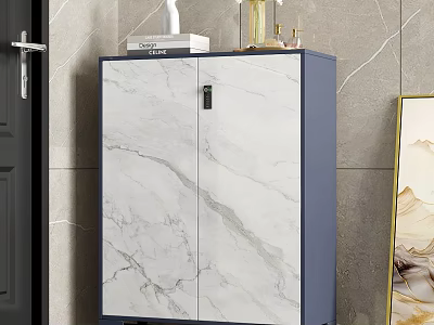 Modern Entryway Console Side Cabinet With White Marble Pattern Blue Frame Decorative Vase And Books 3d model
