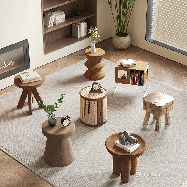 Modern Living Room Side Tables With Wooden Rattan Designs And Decorative Books Plants 3d model 