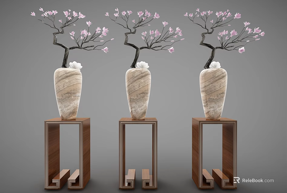 Three Dark Brown Wooden Flower Stands With Marble Textured Vases And Pink Blossoms 3d model 