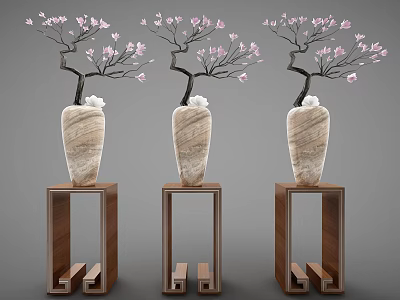 Three Dark Brown Wooden Flower Stands With Marble Textured Vases And Pink Blossoms 3d model