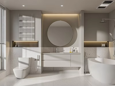 Modern Bathroom Interior Design With Round Mirror White Vanity And Freestanding Bathtub 3d model