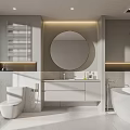 Modern Bathroom Interior Design With Round Mirror White Vanity And Freestanding Bathtub
