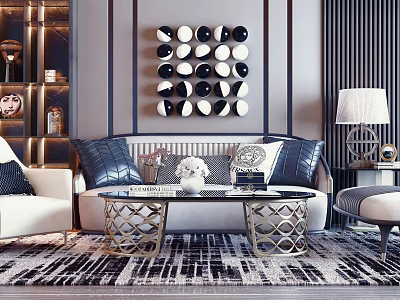 Modern Sofa and Coffee Table Set with Decorative Pillows Geometric Rug and Wall Art 3d model