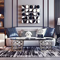Modern Sofa and Coffee Table Set with Decorative Pillows Geometric Rug and Wall Art