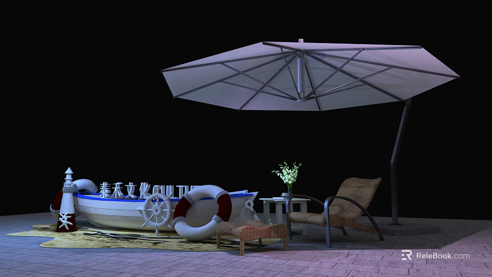 Outdoor Leisure Area With White Boat Lifebuoy Umbrella Wicker Chair And Flower Vase 3d model 