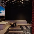 Elegant Red Themed Restaurant Interior With Water Wave Ceiling Grid Screen And Stone Path 3d model