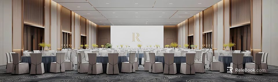 Modern Banquet Hall With Arranged Tables Chairs Lighting And Floral Backdrop Logo 3d model 
