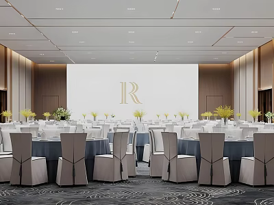 Modern Banquet Hall With Arranged Tables Chairs Lighting And Floral Backdrop Logo 3d model