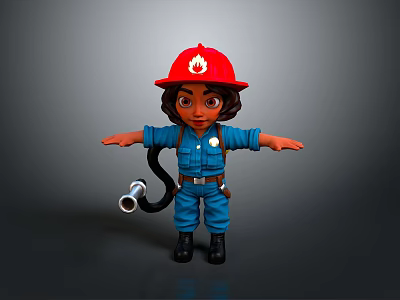 Cute Firefighter Themed Toy Figure With Red Helmet Blue Uniform And Fire Hose 3d model