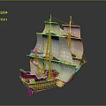 Detailed Wooden Sailboat Model With White Sails And Brown Hull On Gray Background