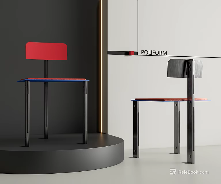 Modern Poliform Dining Chairs Featuring Red and Black Seats on Display Stand 3d model