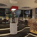 Modern Restaurant Interior With Curved Reception Desk Moon Lamp And Green Plant
