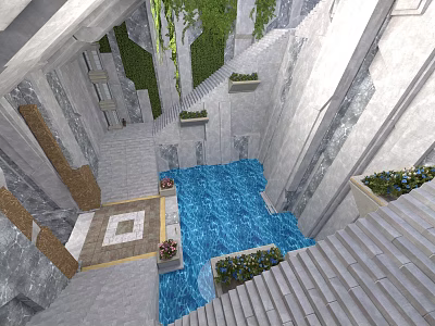 Contemporary Architectural Interior With Stone Walls Blue Pool Stairs And Green Walls 3d model