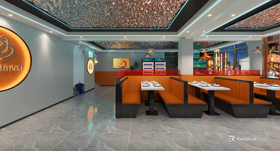 Modern Restaurant Interior With Orange Black Booths Dining Tables Marble Flooring And Decorative Ceiling 3d model 