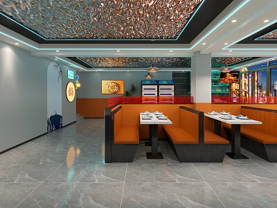 Modern Restaurant Interior With Orange Black Booths Dining Tables Marble Flooring And Decorative Ceiling 3d model