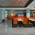 Modern Restaurant Interior With Orange Black Booths Dining Tables Marble Flooring And Decorative Ceiling