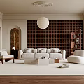 Modern Living Room Interior With Beige Sofa Dark Bookshelf Round Pendant Light And Area Rug