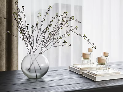 Transparent Glass Vase With Flower Branches On Dark Wooden Table And Candles With Books 3d model