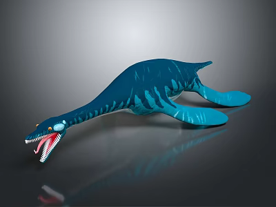 Blue Plesiosaur Aquatic Reptile Model With Long Neck Open Mouth And Stripes 3d model