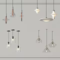 Various Modern Pendant Lights With Different Shapes And Materials Hanging On Grey Background 3d model