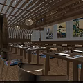 Warm Restaurant Interior Design With Wooden Structures Hanging Lights Green Plants And Decorative Paintings