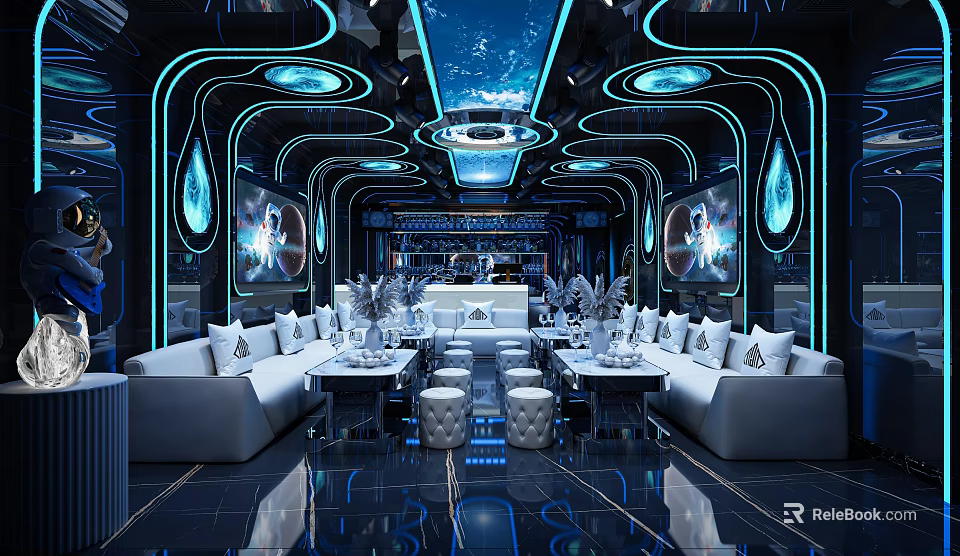 Futuristic KTV Interior Design With Blue Lighting And White Sofas 3d model