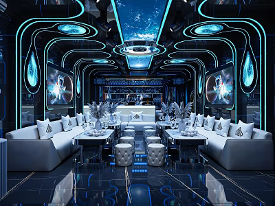 Futuristic KTV Interior Design With Blue Lighting And White Sofas 3d model
