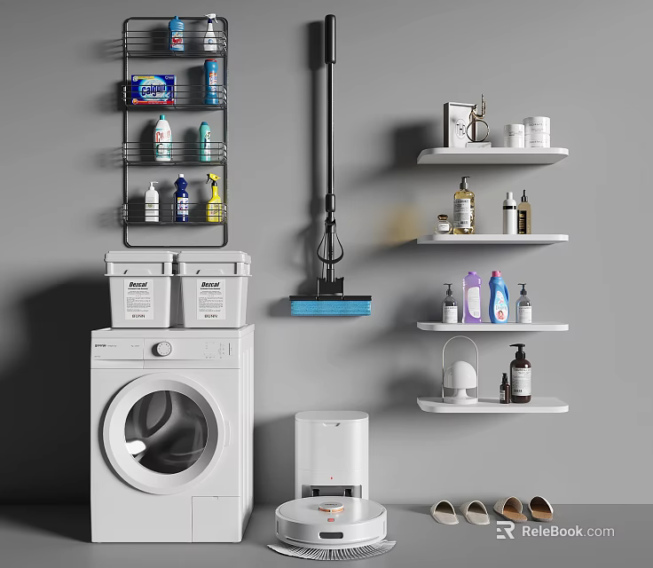 Organized Laundry and Daily Cleaning Area with Washing Machine Storage Shelves Mop and Detergent Bottles 3d model 