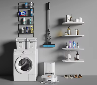 Organized Laundry and Daily Cleaning Area with Washing Machine Storage Shelves Mop and Detergent Bottles 3d model