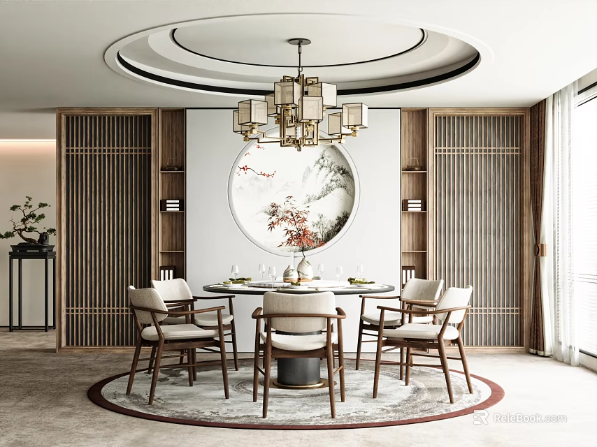 Elegant Chinese Restaurant Interior Featuring Circular Painting Wooden Lattice Chandelier And Round Dining Table 3d model 