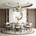 Elegant Chinese Restaurant Interior Featuring Circular Painting Wooden Lattice Chandelier And Round Dining Table