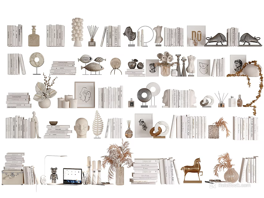 Decorative Ornament Set For Home Interior With Books Vases Sculptures Frames And Plants 3d model 