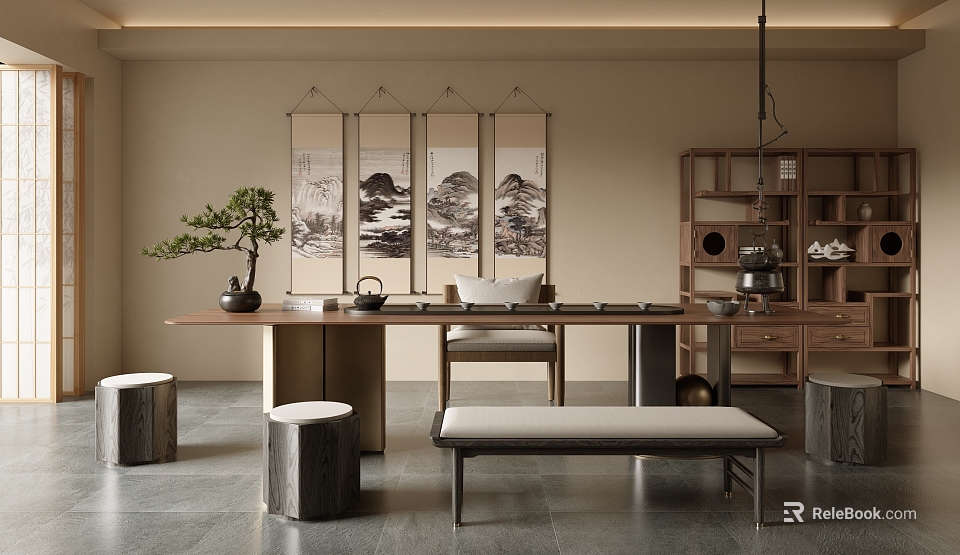 Serene Tea Room Interior With Wooden Table Scroll Paintings And Potted Pine 3d model 