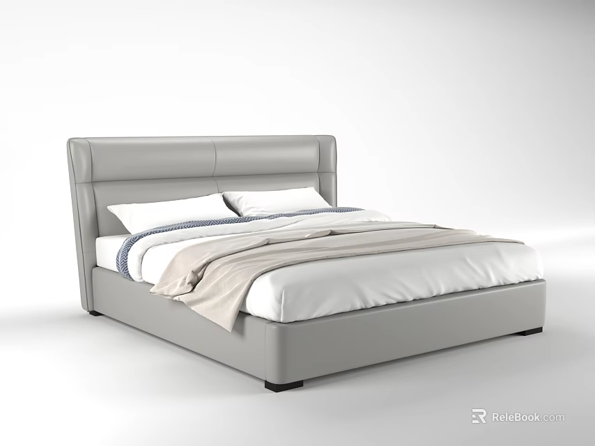 Modern Gray Leather Double Bed With White Sheets Pillows And Light Blanket 3d model
