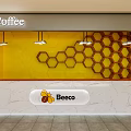 Bee Coffee Café Interior With Yellow Wall Honeycomb Pattern Marble Countertop And Beeco Logo