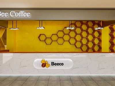 Bee Coffee Café Interior With Yellow Wall Honeycomb Pattern Marble Countertop And Beeco Logo 3d model
