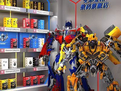 Digital Flagship Store Display With Transformers Optimus Prime Bumblebee Models And Electronic Products 3d model