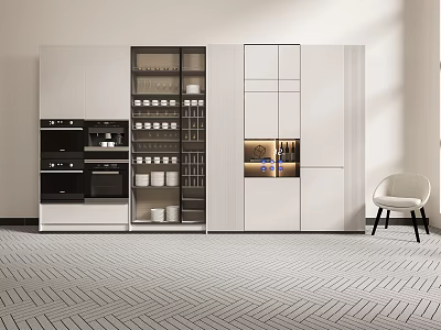 Modern White Kitchen Cabinets With Glass Front Open Shelves Built-in Appliances And Herringbone Floor 3d model