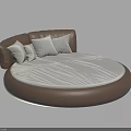 Brown Leather Round Bed with Light Colored Mattress and Gray Pillows 3d model