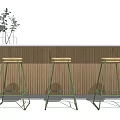 Round Bar Counter With White Countertop Wooden Panel And Metal Frame Stools With Green Plants