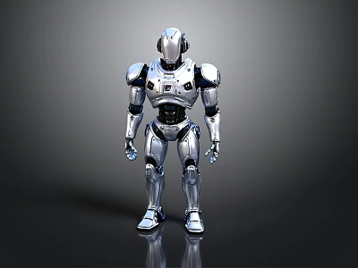 Silver Metallic Robot Figure With Mechanical Structure Standing On Reflective Floor 3d model