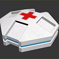 Silver Hexagonal Medical Container With Red Cross And Blue Glowing Strips 3d model