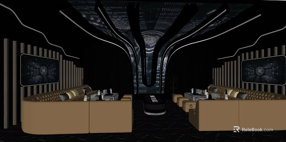 Modern KTV Interior Design With Stylish Lighting Brown Sofas And Tables 3d model