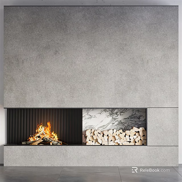 Modern Gray Concrete Fireplace With Burning Fire Wood Logs And Marble Accent 3d model 