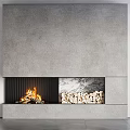 Modern Gray Concrete Fireplace With Burning Fire Wood Logs And Marble Accent