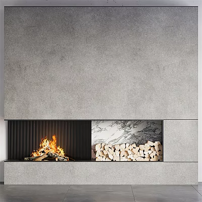Modern Gray Concrete Fireplace With Burning Fire Wood Logs And Marble Accent 3d model