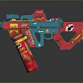 Vibrant Toy Gun Featuring Red Blue Colors and Chips Can Attachment with Destroy Trouble Text