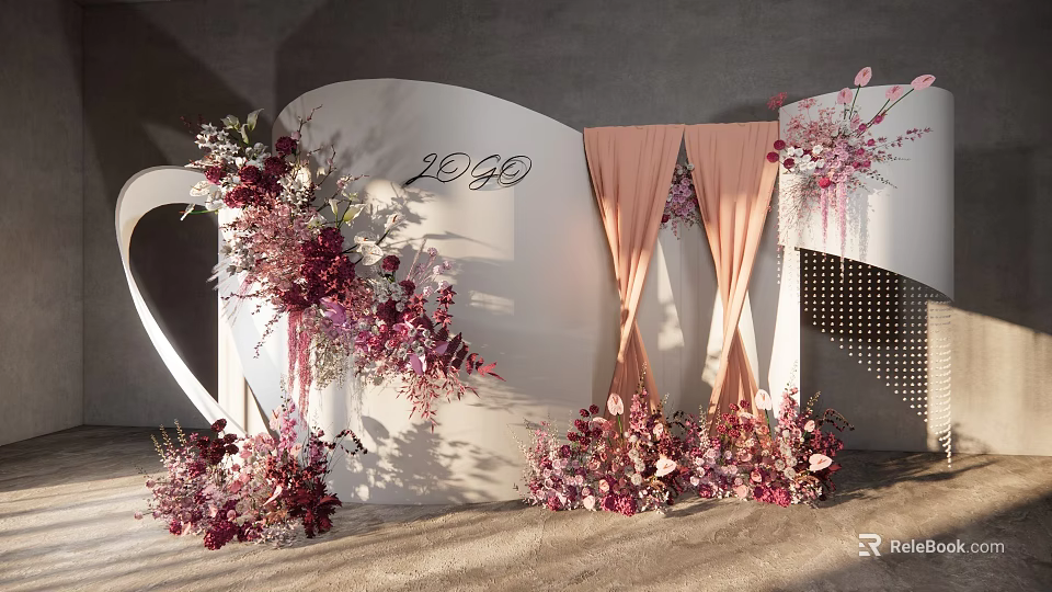 Wedding Backdrop Decoration With 2020 Number Pink Floral Arrangements And Beige Curtains 3d model 